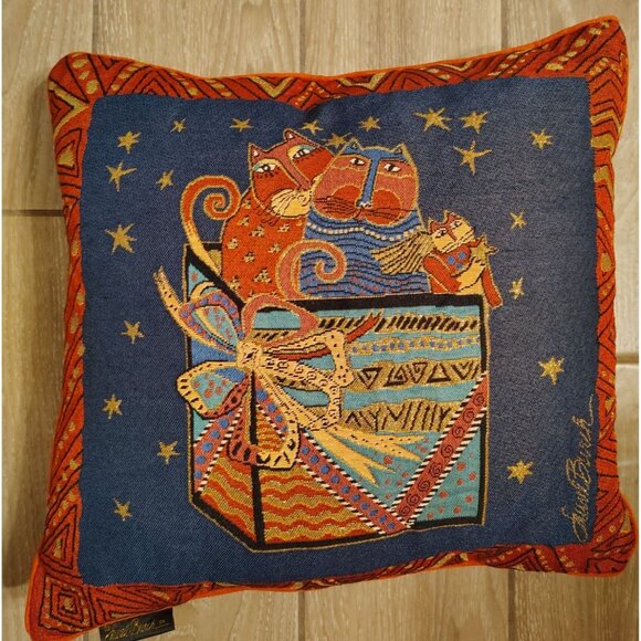 Laurel Burch Cat Tapestry Throw Pillow, Angel Cat, Gift Box Present, Christmas - Picture 1 of 4